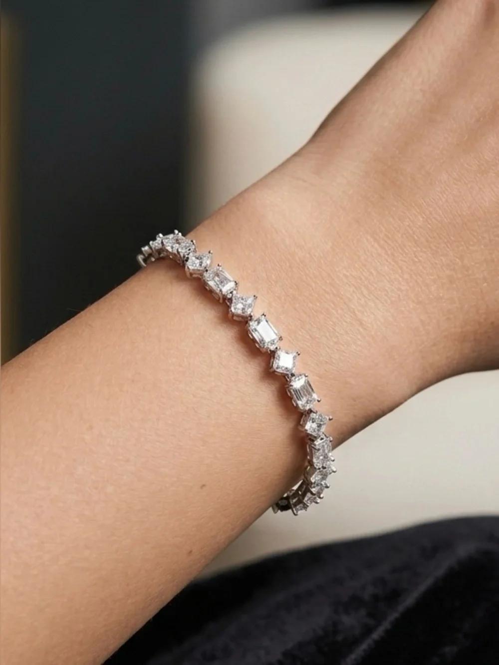 Platinum Plated Tennis Bracelet with Emerald & Princess Cut CZ | Dainty Jewelry